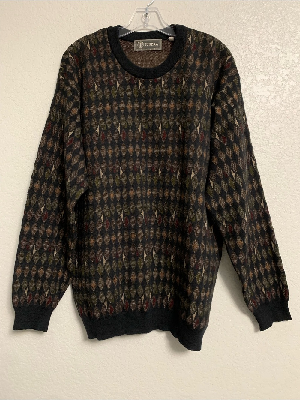 Vtg 90s Tundra Sweater Mens L 3D Knit Cosby Argyle Diamond Print Brown Multi